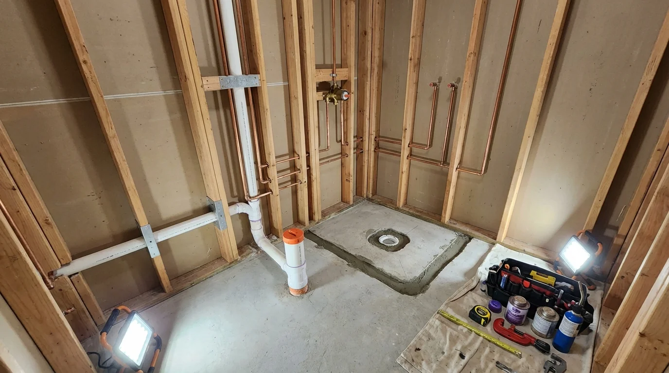 Bathroom rough-in plumbing during remodel by Johns Plumbing LLC in Brown City