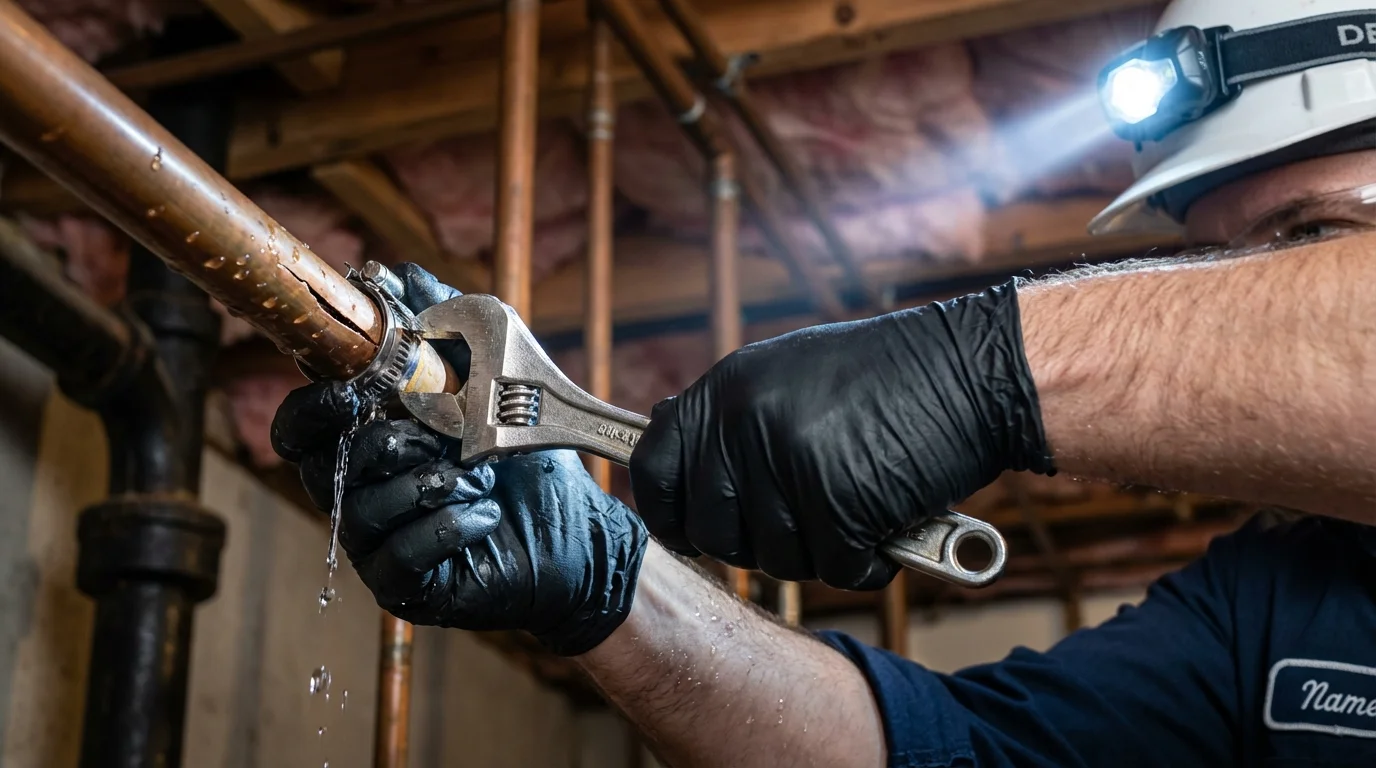 Emergency pipe clamp repair being performed by a Johns Plumbing LLC plumber in Brown City
