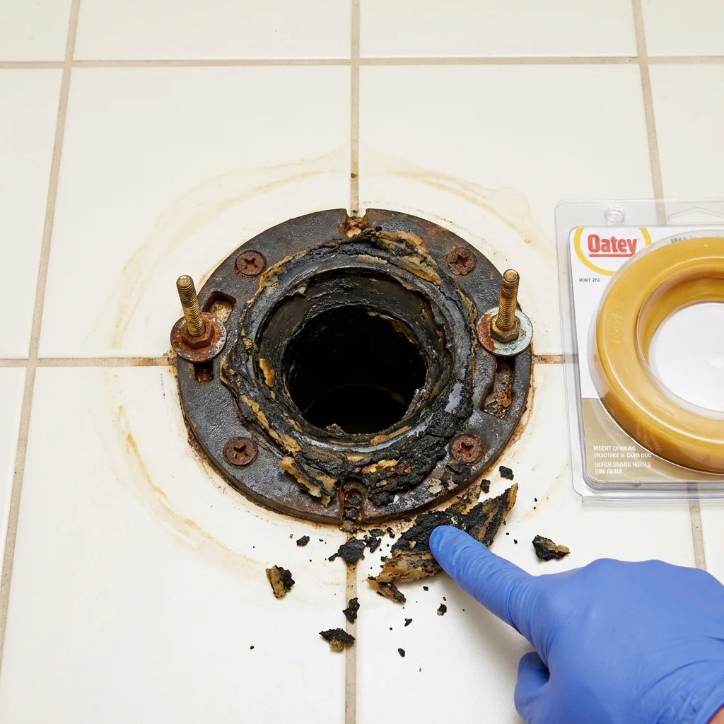 Failed wax ring showing water seepage at the base of a toilet in a Brown City, MI home