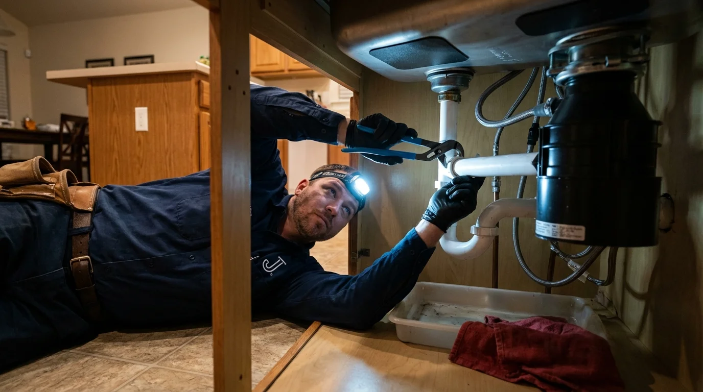 P-trap and supply line connections under a kitchen sink showing a common leak point in Brown City, MI